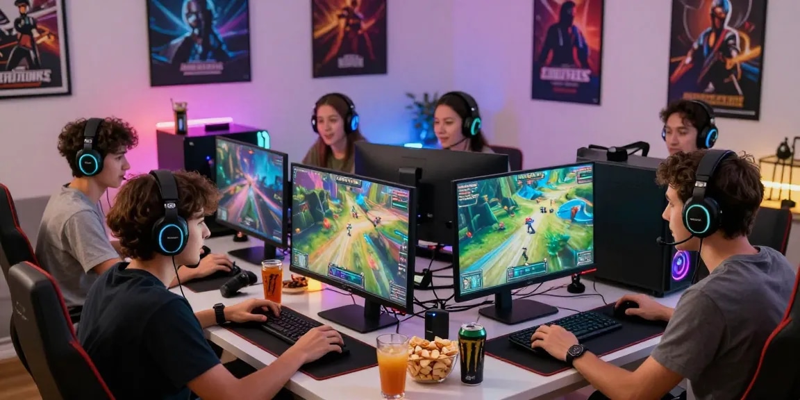 Group of friends enjoying a gaming session, showcasing MMOO multiplayer excitement in a cozy living room.