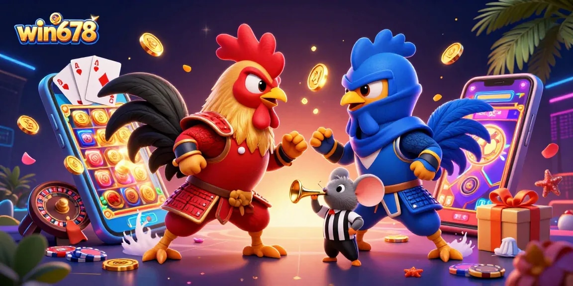 win678 roosters face off with dynamic casino elements, showcasing thrilling online gaming action