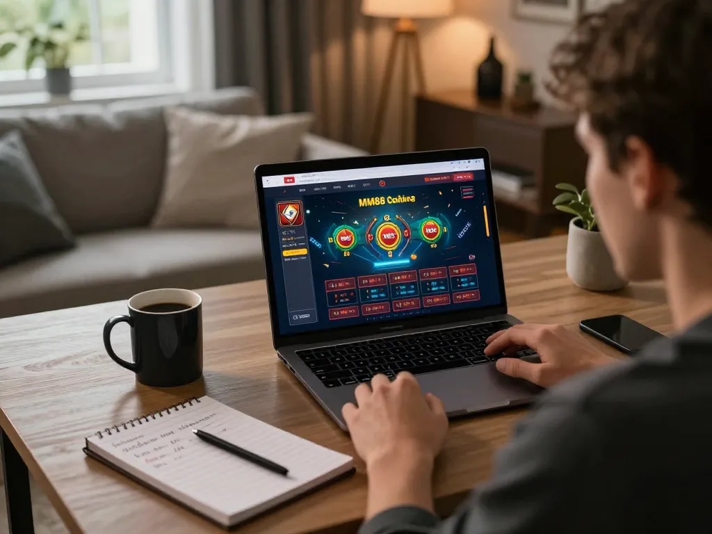 Person strategizing on MM88 online casino while enjoying a coffee at home desk.