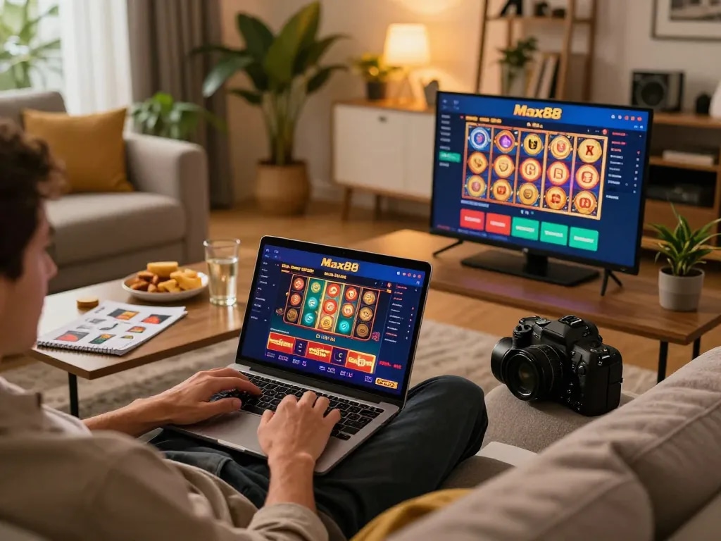 Max88 online gaming interface displayed on a laptop while enjoying a home casino atmosphere