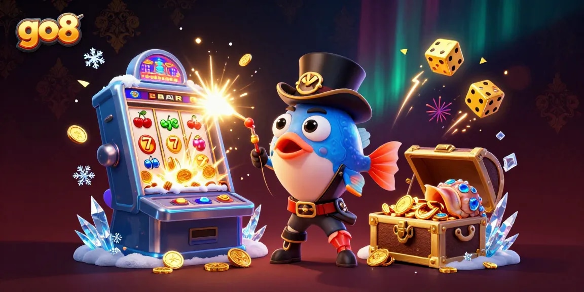 Spin and win at the go8 casino with vibrant visuals of games, coins, and energetic characters!