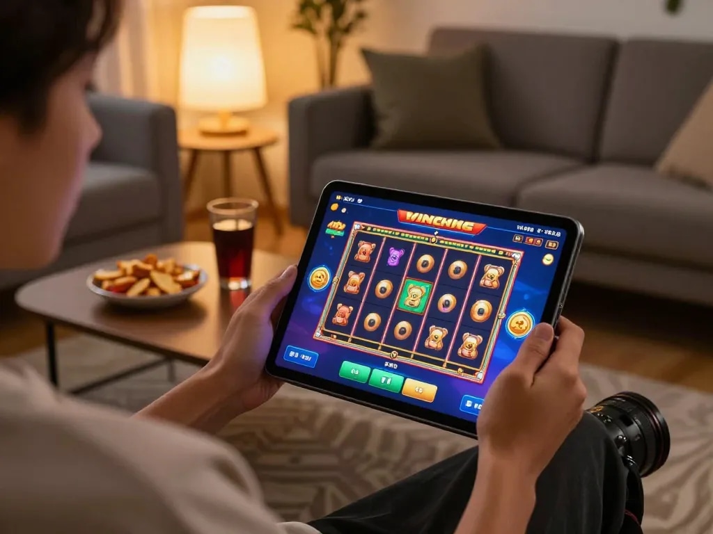Engaging person plays FLY 88 online slots on tablet in cozy living room