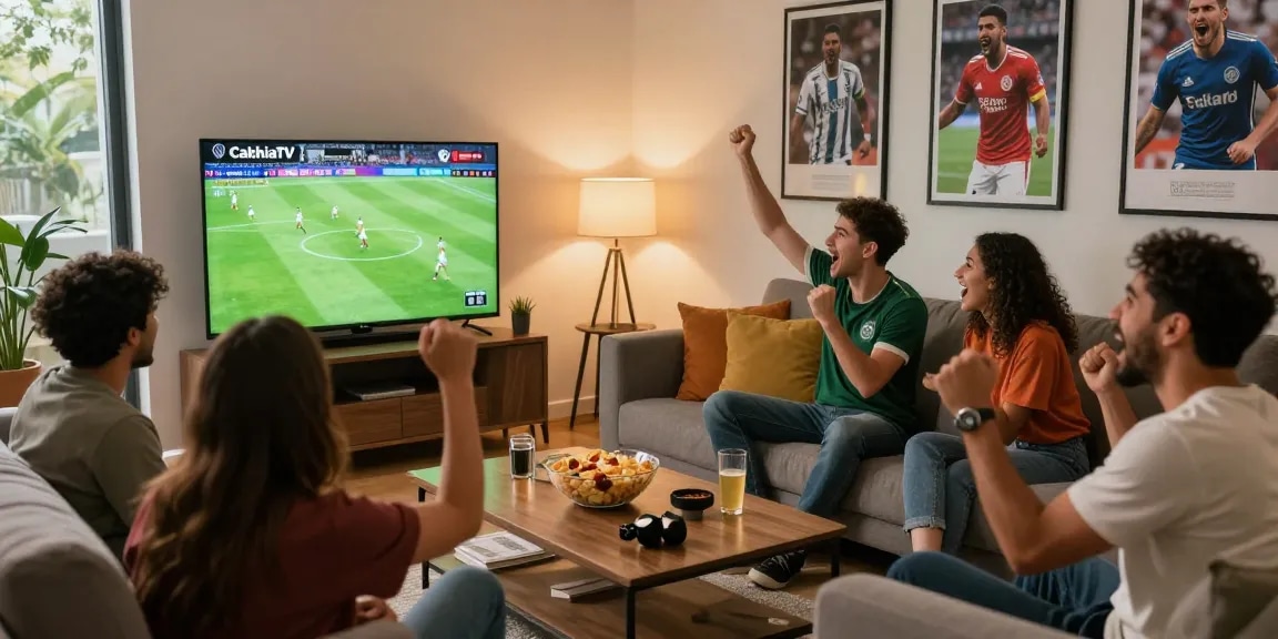 CakhiaTV live football match viewing with excited friends in a cozy living room setup.