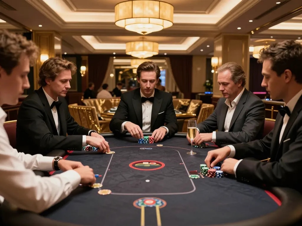 F8BET VIP gaming experience with players focused, elegant decor, and high-stakes poker game
