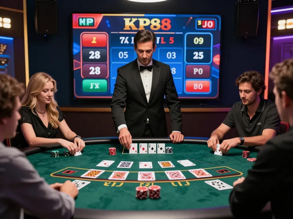 Players strategizing at a live blackjack table on KP88, enjoying a vibrant online casino atmosphere.