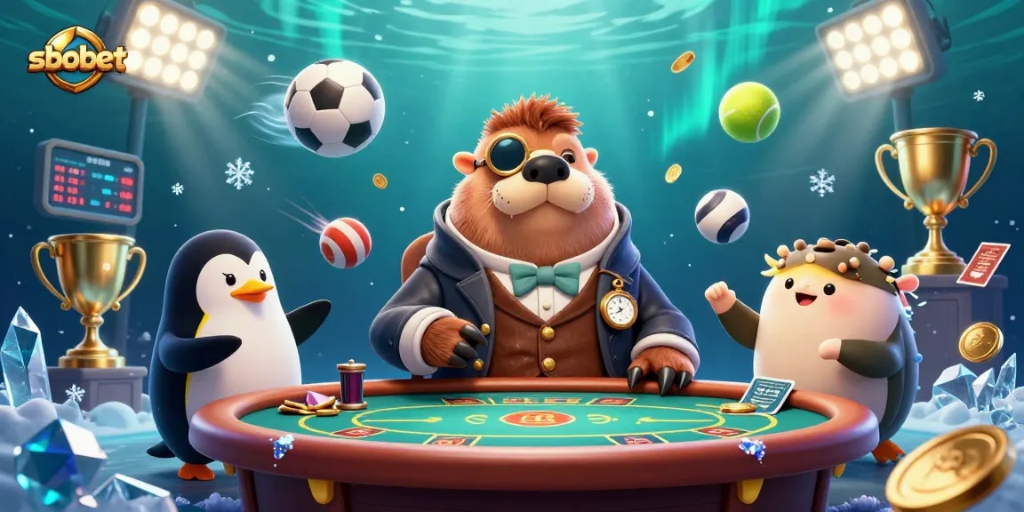Sbobet hosts a thrilling underwater poker game with a walrus, penguin dealer, and pufferfish player.