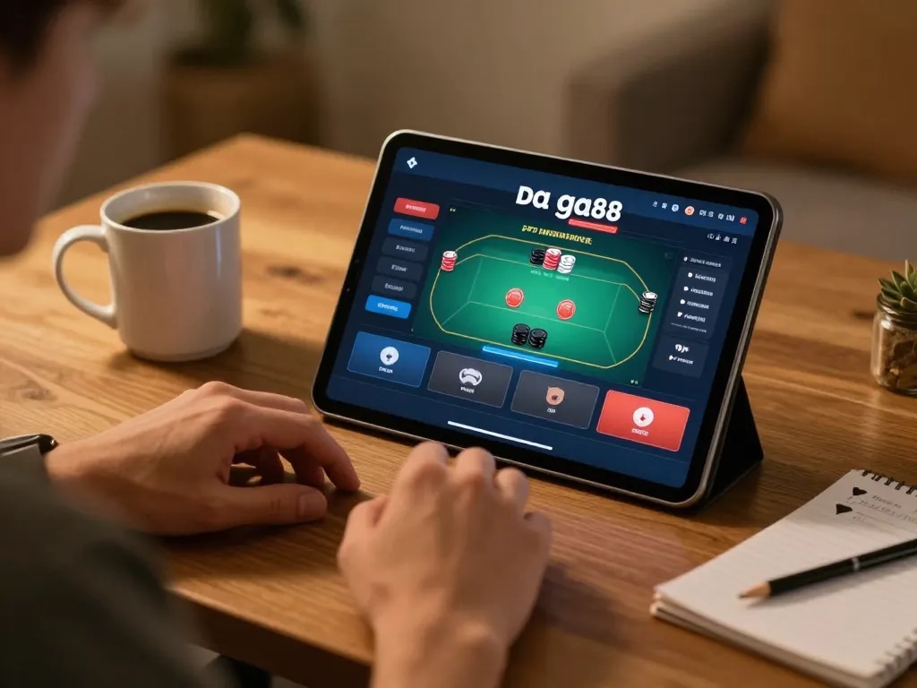 Player enjoying da ga88 on tablet, showcasing responsible gambling experience at home.