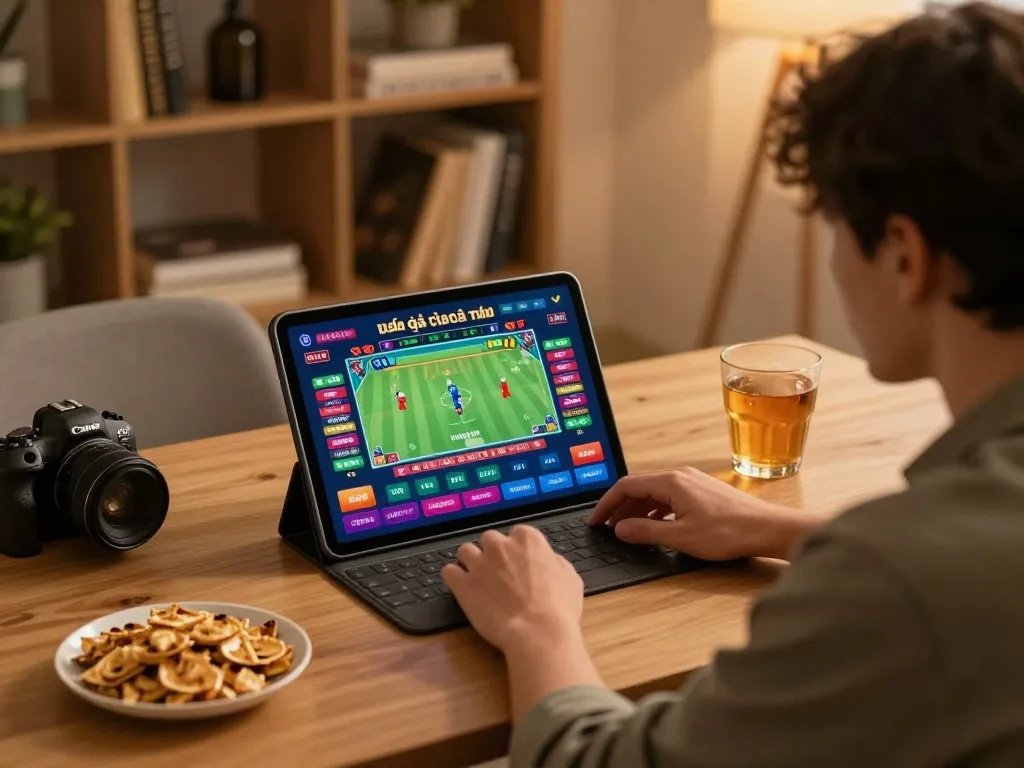 Engaging in đá gà trực tuyến on a tablet at home, showcasing a vibrant betting interface.