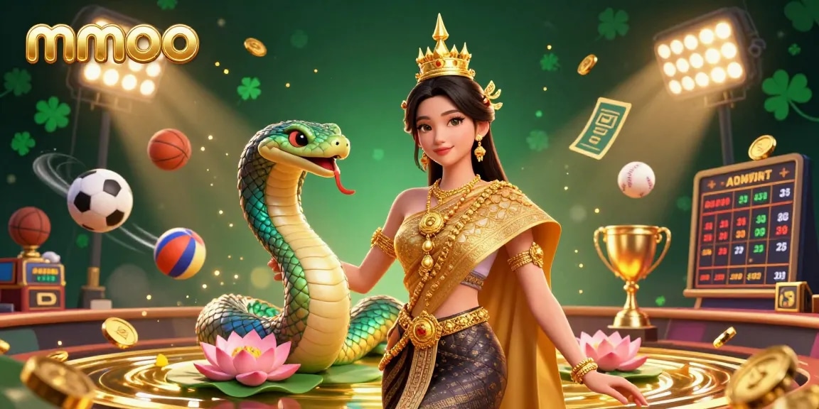 Engage with mmoo as a beautiful Asian woman and colorful Naga serpent illuminate a vibrant casino scene.