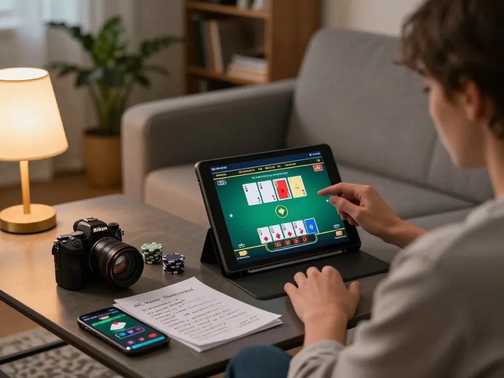 Player engaged in online poker gaming on fly8800 tablet in a cozy home setting.