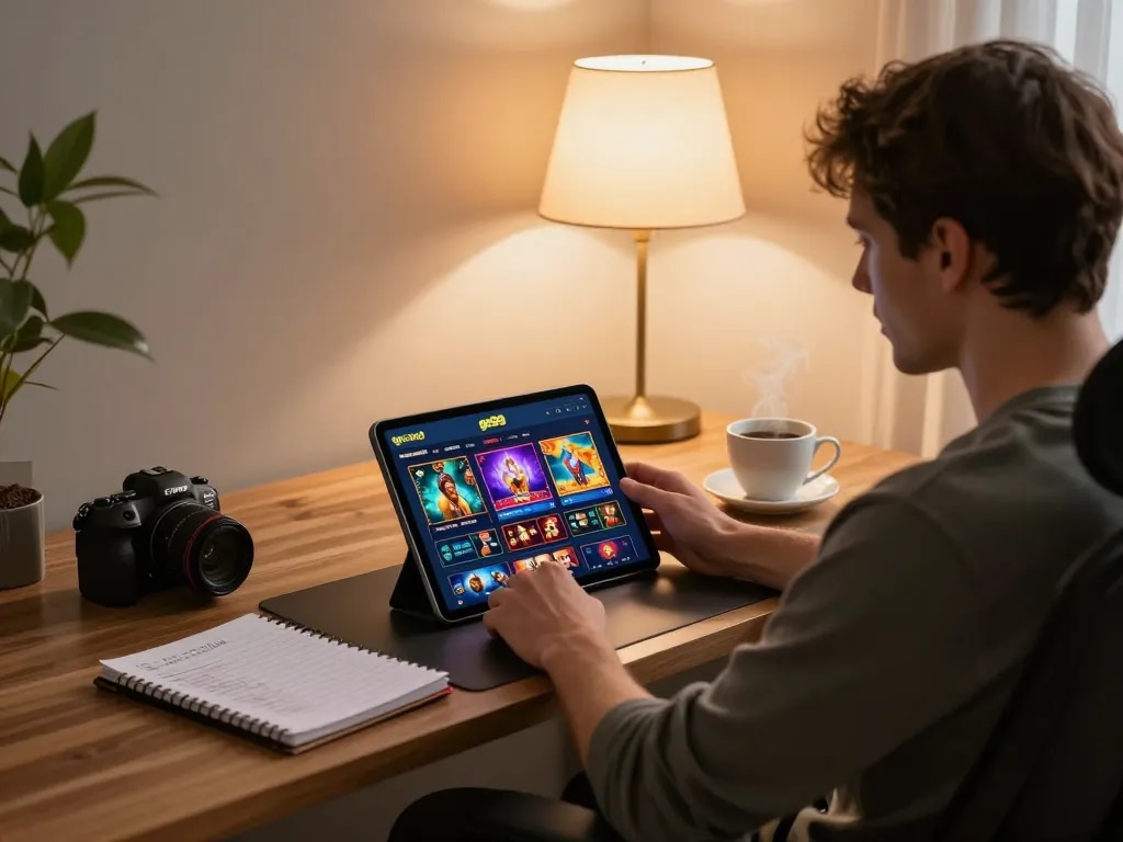 Engaging with the go99 casino app on a tablet while seated in a stylish home office