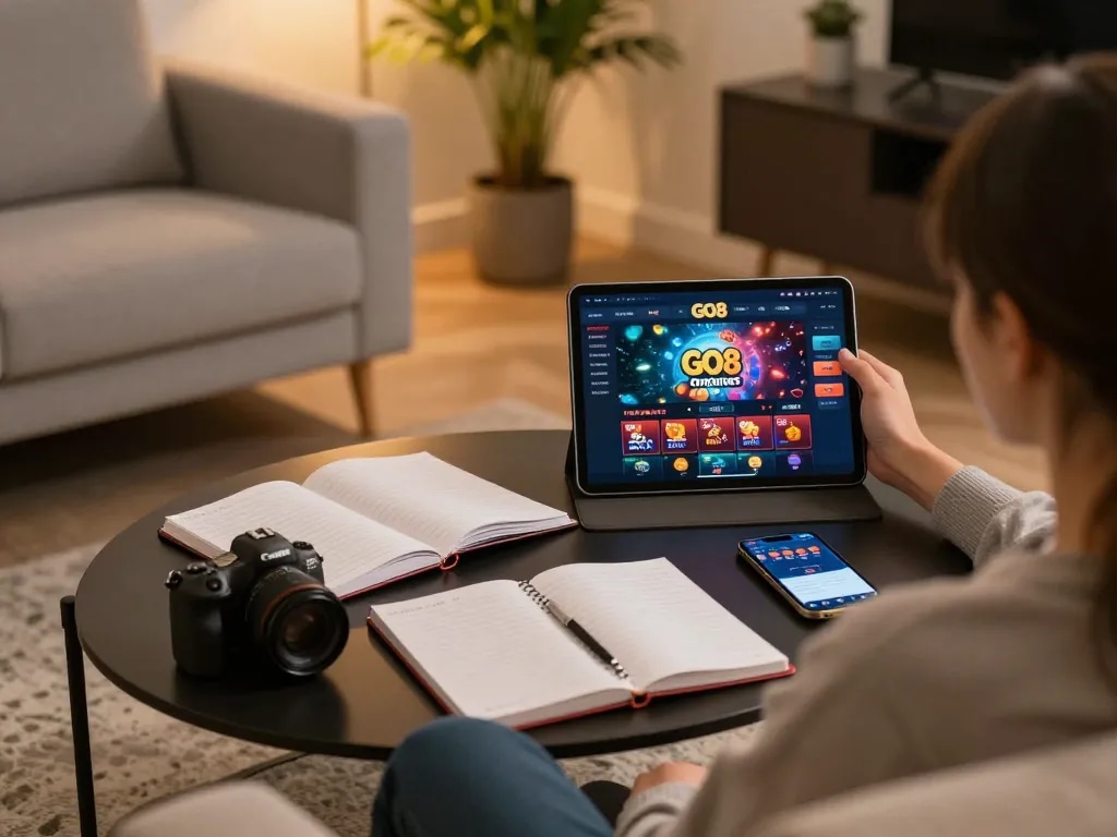 Engaging with GO8 online casino on a tablet in a cozy home setting while recording strategies.