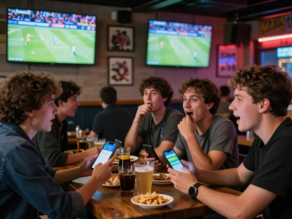 CakhiaTV users excitedly placing bets while watching live sports at a lively bar.