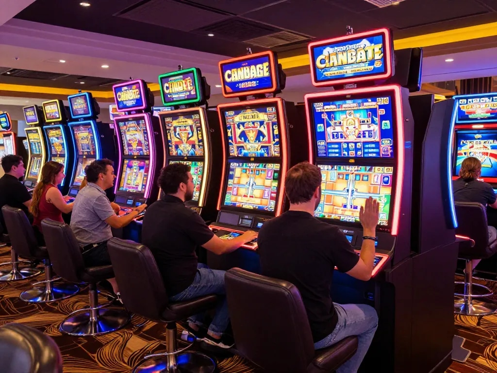 Slot Gacor players enjoying vibrant slot machines in a modern casino with colorful displays