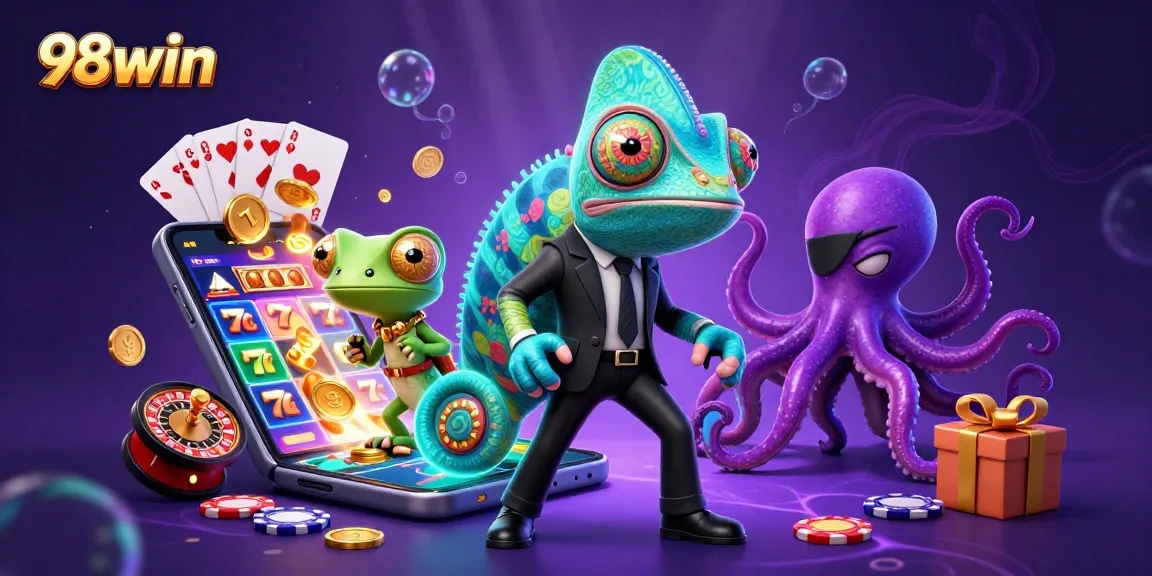 Engage in gaming excitement with 98win, featuring chameleon and gadgets in a vibrant casino scene.