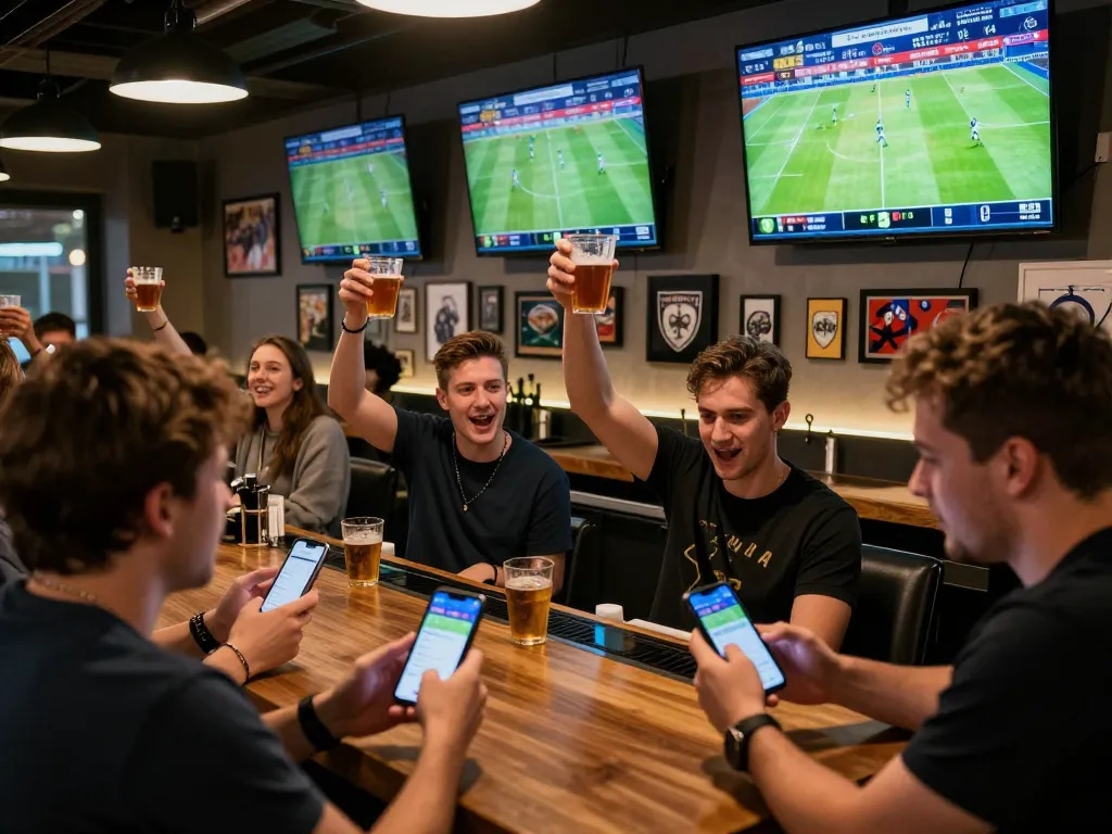 Fans at a sports bar using 789win app to place bets during a match, celebrating in a vibrant atmosphere