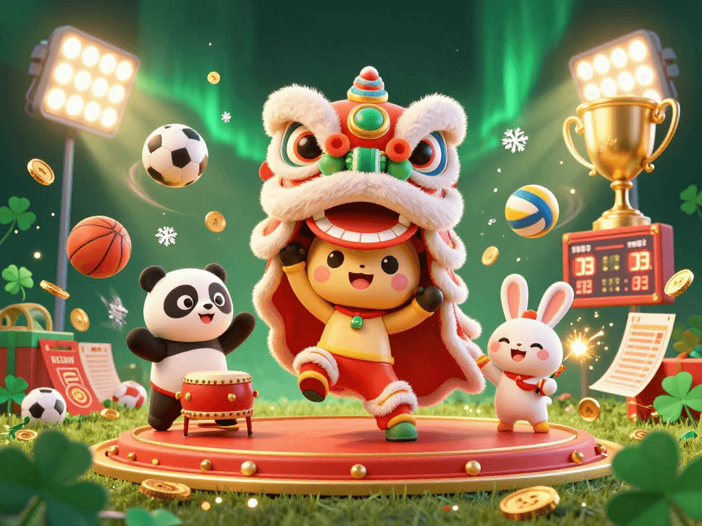 Experience the thrill of betting on ON68 with a colorful Chinese New Year celebration featuring lively characters and sports elements.