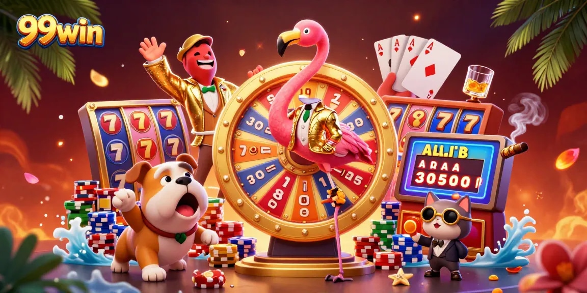 Celebrate winning moments with 99win's vibrant slot reels, prizes, and excitement depicted.