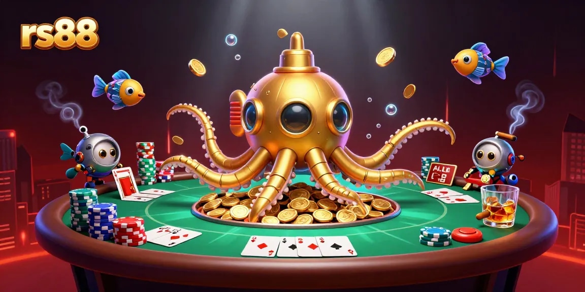 Engage with rs88's vibrant poker scene in an ultra-detailed 3D illustration featuring a golden kraken.