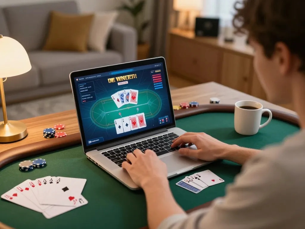 Engaging in strategic poker gameplay on SC88's online platform in a cozy home setting