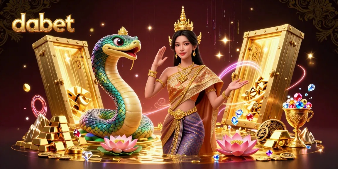 Dabet offers thrilling gambling experiences with a captivating Thai dancer and vibrant game elements surrounding them.