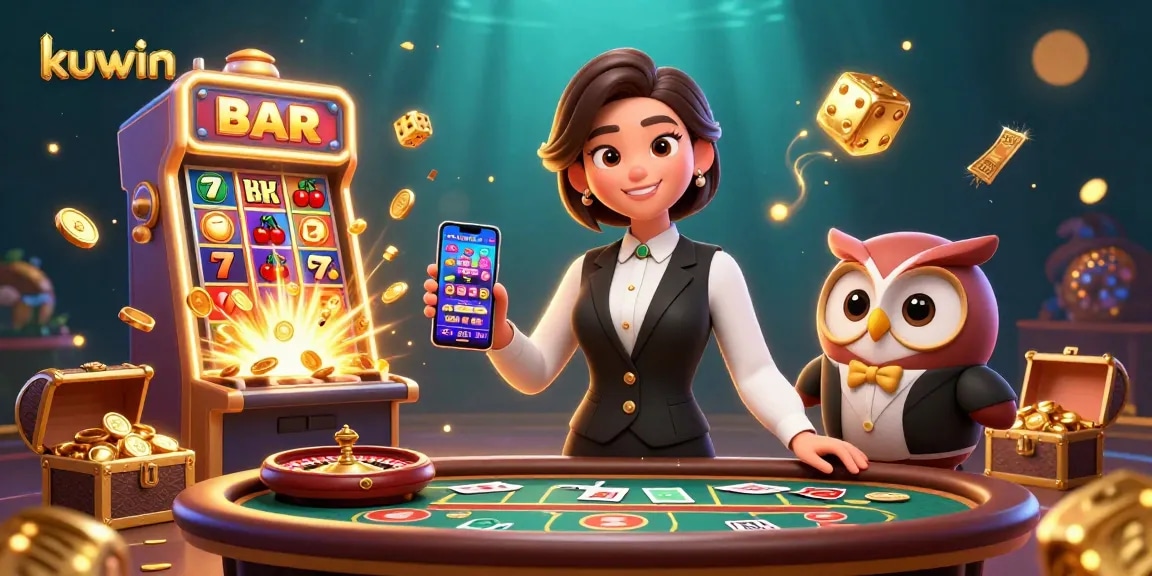 Kuwin's vibrant online casino scene showcasing a dealer, owl assistant, and exciting games.