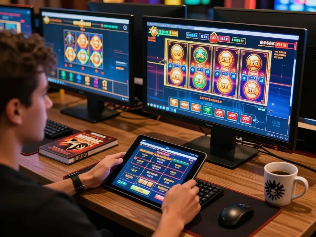 Engaging online gaming session on 28Bet com with multiple screens showcasing live dealer games and slots.
