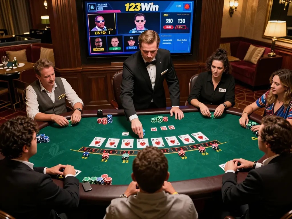 Experience the excitement of blackjack at 123Win, with players engaged and strategic gameplay unfolding