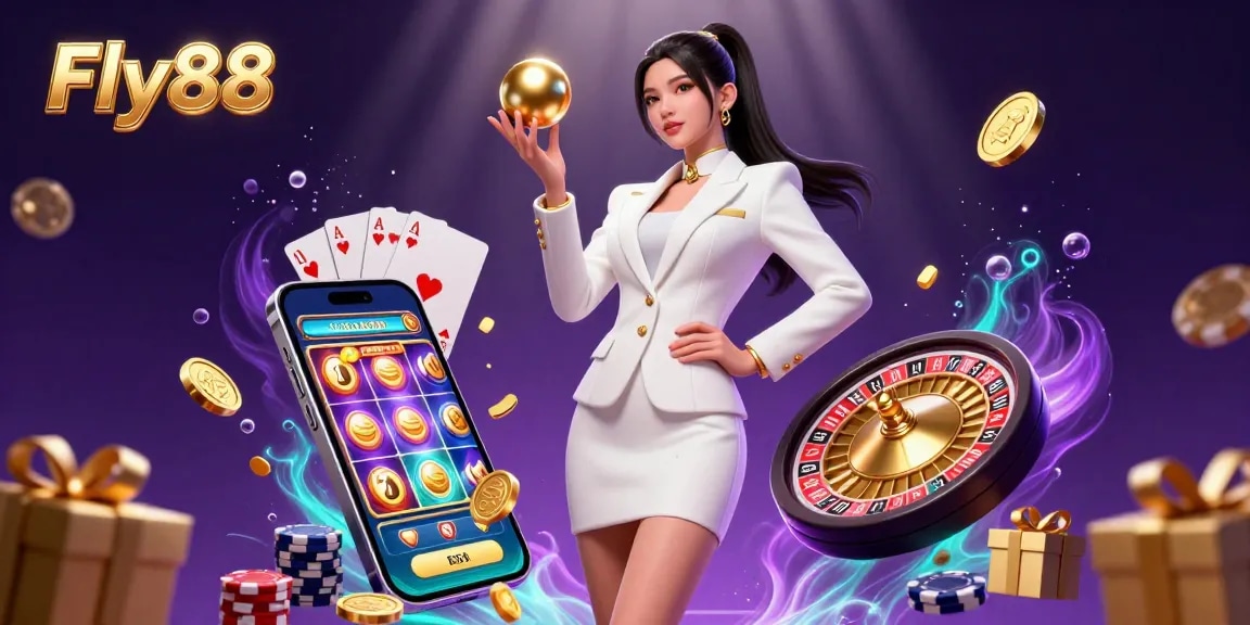 Engage in thrilling gameplay at Fly88 with a stunning Asian model showcasing casino elements in a vibrant 3D illustration.