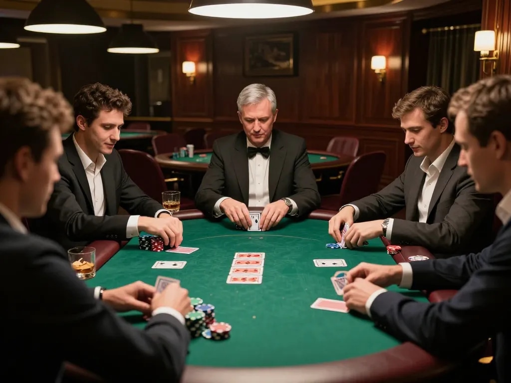 Players engaged in a strategic GK88 poker game, analyzing their hands around a felt table, vibrant atmosphere.