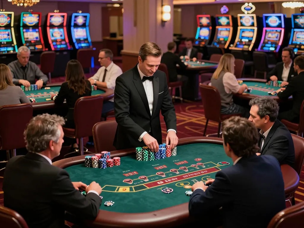 Tic88 dynamic casino scene featuring players engaging at elegant blackjack tables, showcasing lively gameplay.
