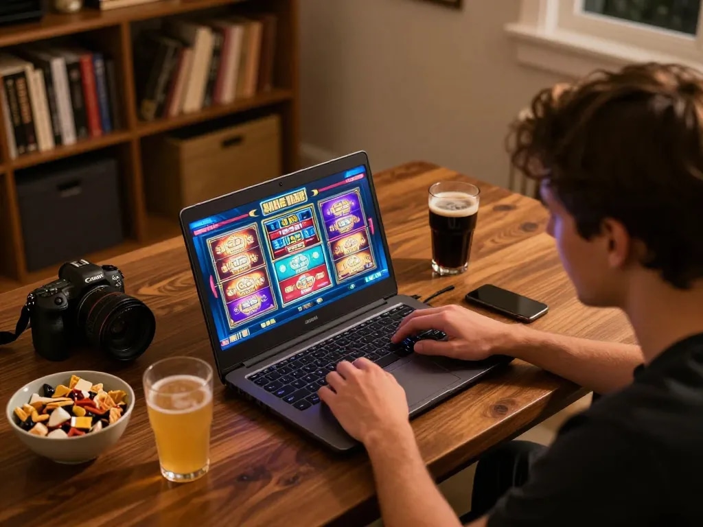 Player wins big on 33win slot games in a cozy home setup with a laptop and snacks