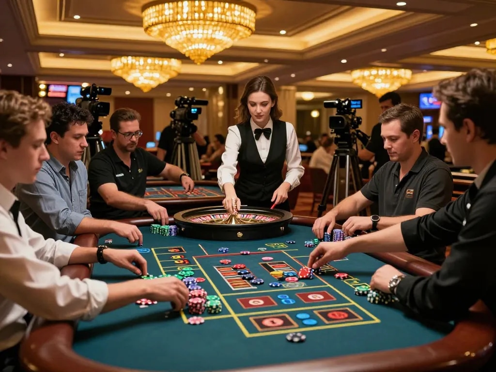 Engaging roulette gameplay at sky88 casino with players focused on the spinning wheel.