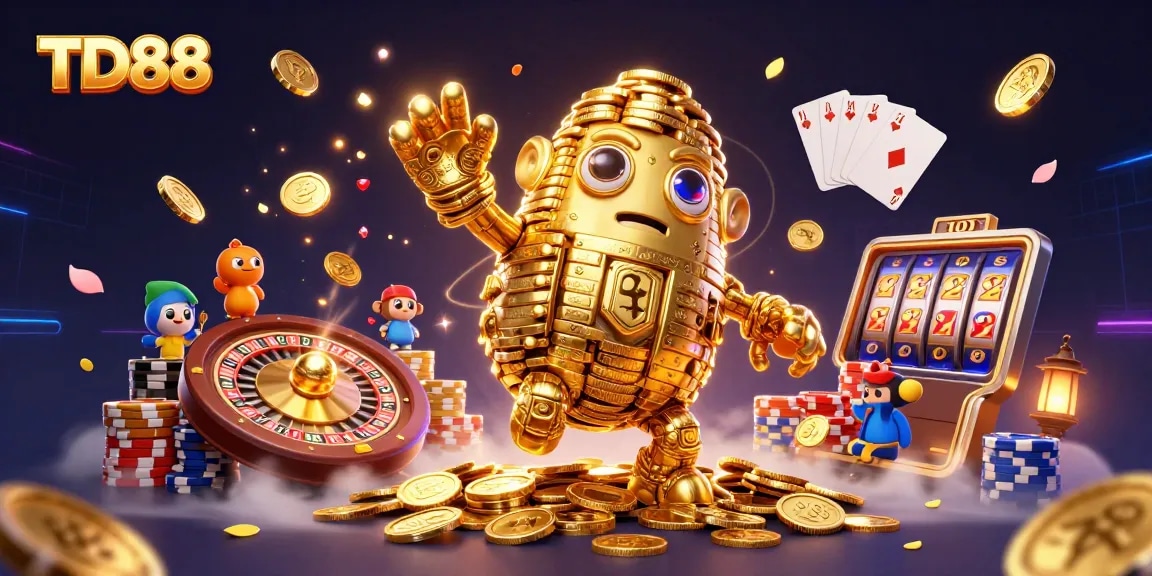 Win big with TD88 as cascading gold coins and vibrant gaming elements surround an ancient golem.