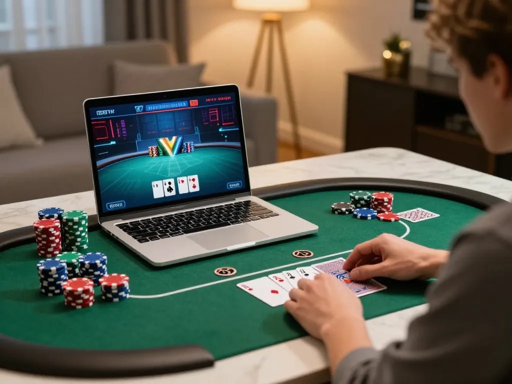 Player engaging in exciting online poker at home using hm88 platform with colorful chips and warm lighting.