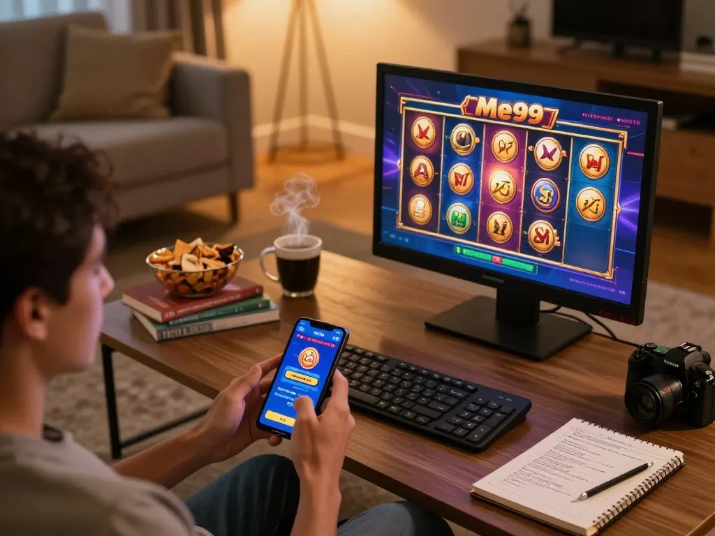 Engage with the Me99 app on a smartphone while enjoying online gaming in a cozy living room.