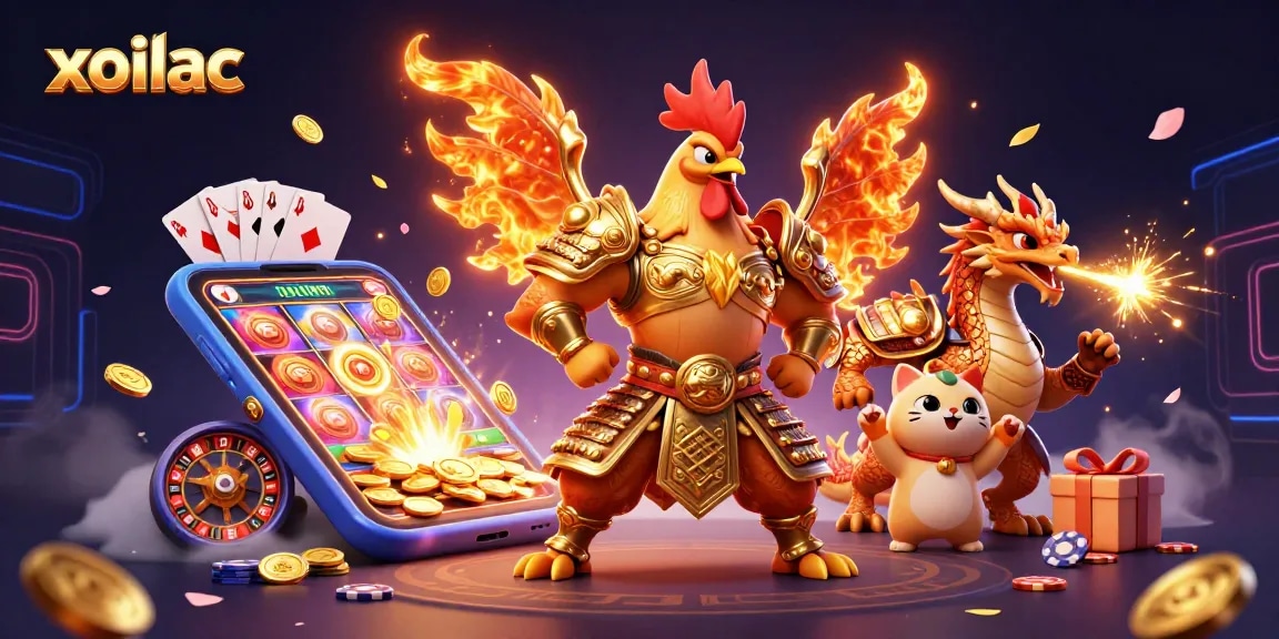 Engage in action-packed gaming with xoilac, featuring colorful slot games, golden coins, and dynamic characters.