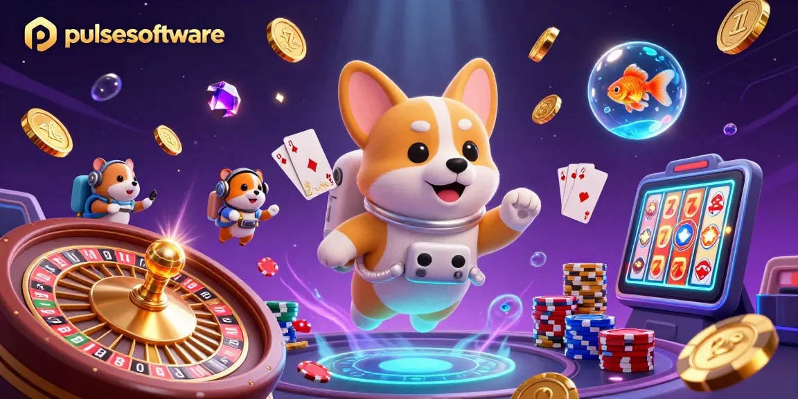 Experience pulsesoftware's dynamic space casino with a whimsical astronaut corgi, floating coins, and vibrant gaming elements.