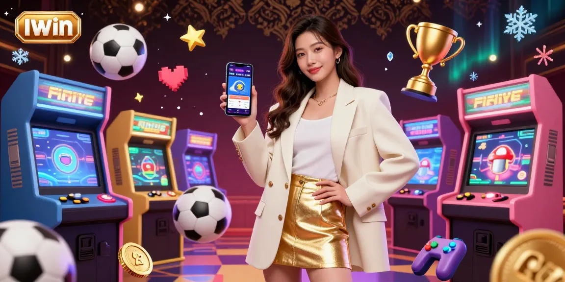 IWIN promotes an engaging sports betting app featuring a friendly Asian woman showcasing a smartphone in a dynamic casino scene.
