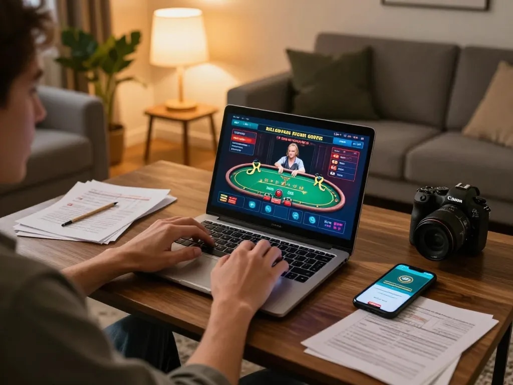 Engaged player using Bsport to strategize online gambling from a cozy home setup