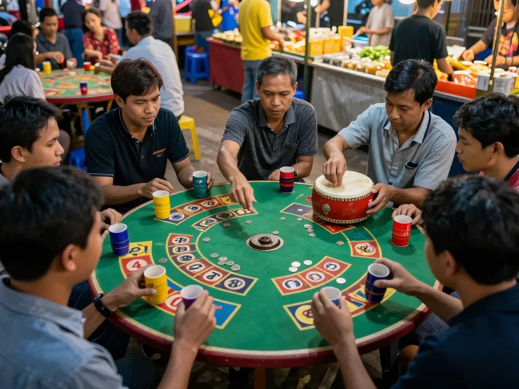 Players engaging in a lively game of xóc đĩa with colorful betting cups at a Vietnamese market.