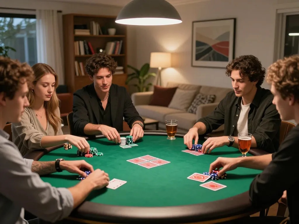 Friends enjoying a thrilling poker night at home, showcasing the ALO8 gaming experience.
