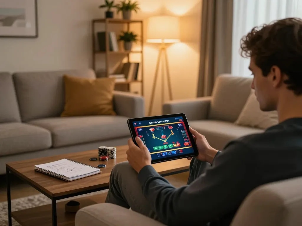 Player enjoying a live poker game on fly88 tablet in a cozy home setting.