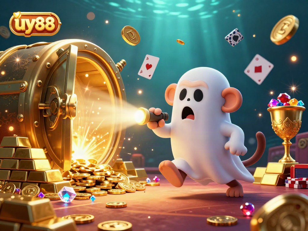 Transform your luck at uy88 with this enchanting casino scene featuring a mischievous monkey and a ghost-hunter puppy.