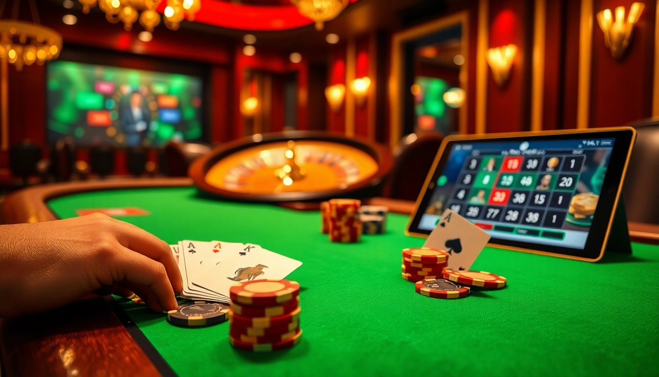 Engage in the thrills of NK88 poker, showcasing vibrant chips, cards, and a roulette wheel in action.