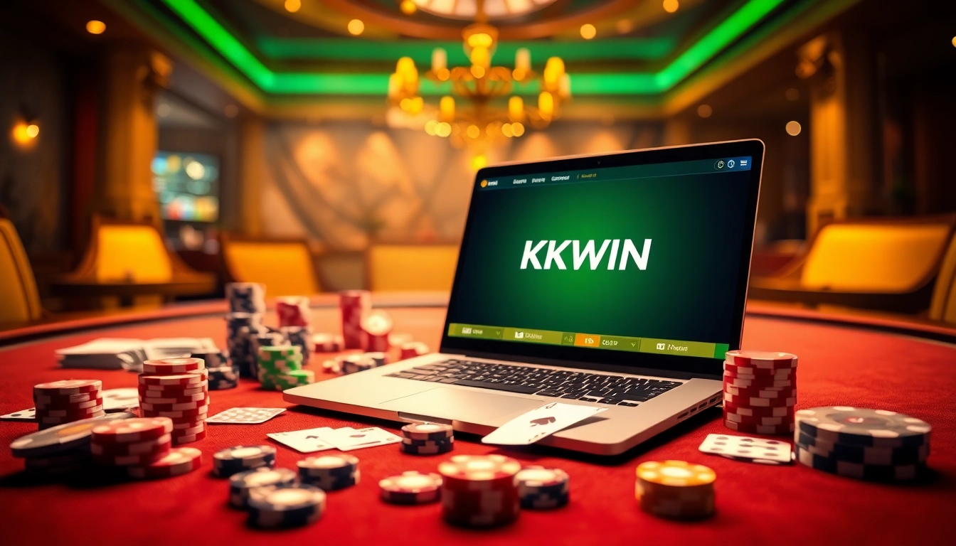 Kkwin online interface showcasing exciting casino elements like poker chips and cards.
