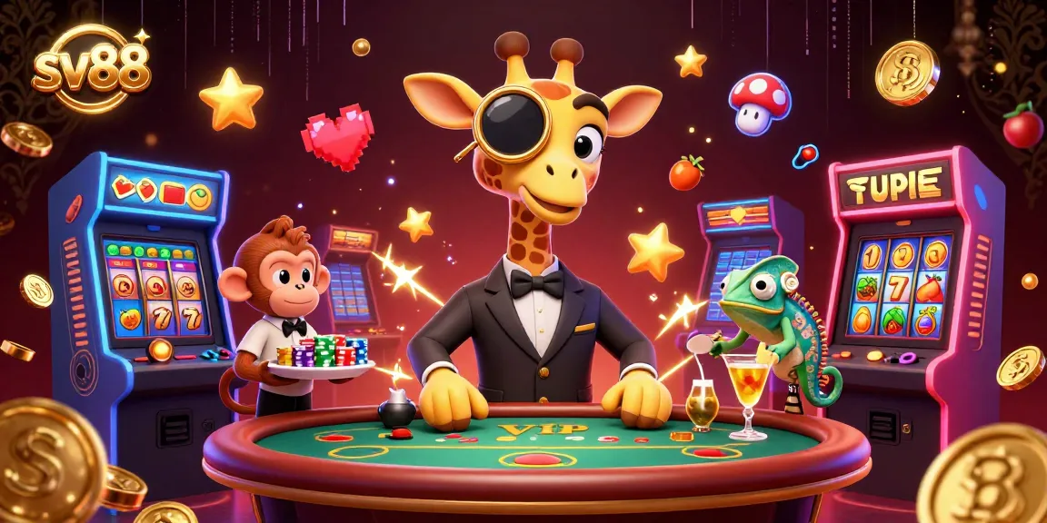 Experience the thrill of sv88 with a vibrant 3D casino scene featuring a high-roller giraffe and exciting game elements.