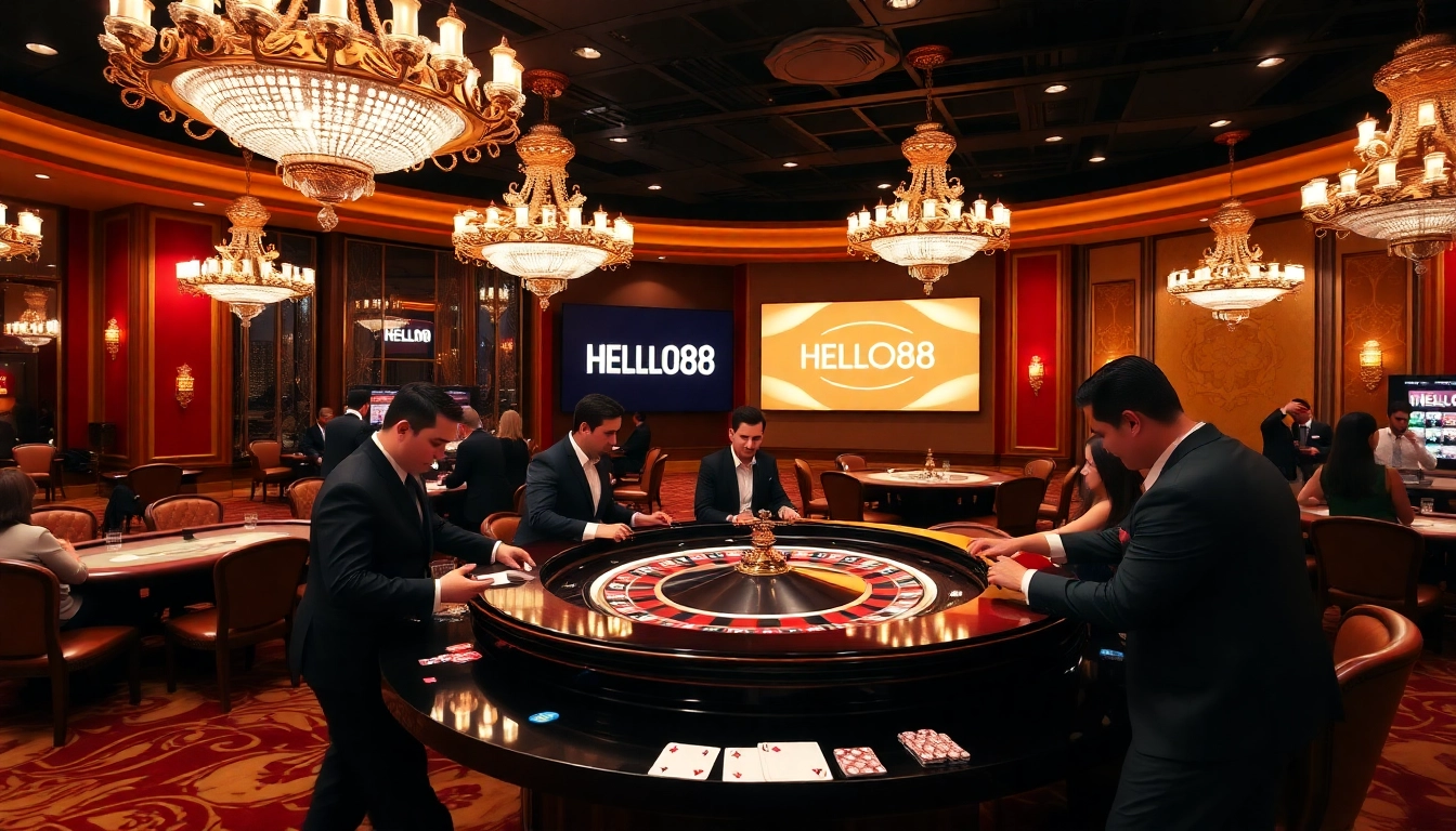 Experience thrilling moments at hello88 with a dynamic casino scene featuring roulette and poker elements.