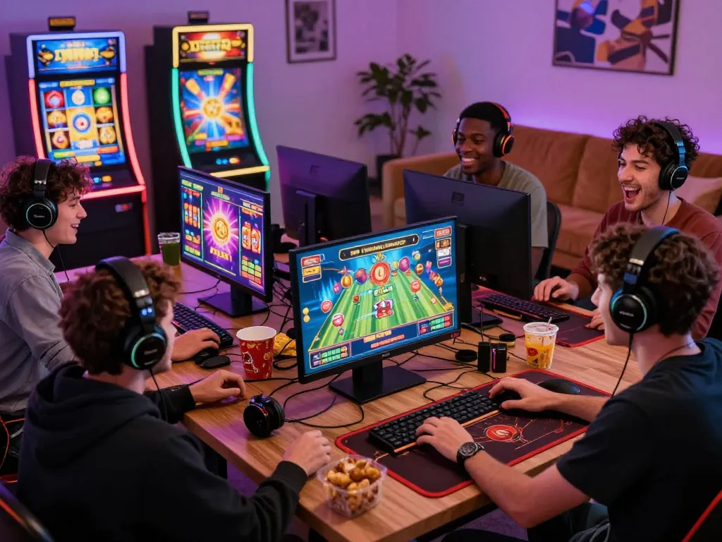 Exciting group of friends enjoying sunwin's online casino games with vibrant graphics and interactive setup.