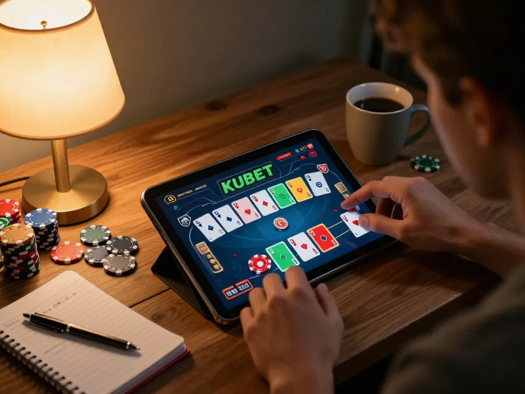 Engaging player enjoying a KUBET poker game on a tablet in a warm home setting while strategizing.